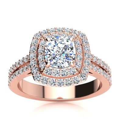 2 Carat Double Halo Cushion Cut Diamond Engagement Ring in 14 Karat Rose Gold