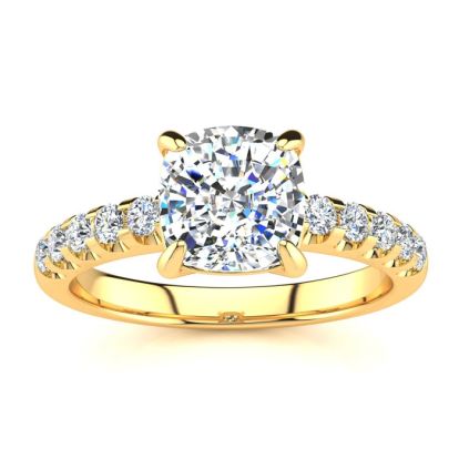 2.30 Carat Traditional Diamond Engagement Ring with 2 Carat Center Cushion Cut Solitaire In 14 Karat Yellow Gold