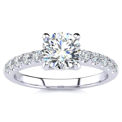 1.30 Carat Traditional Diamond Engagement Ring with 1 Carat Center Round Solitaire In 14 Karat White Gold