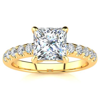 1 3/4 Carat Traditional Diamond Engagement Ring with 1 1/2 Carat Center Princess Cut Solitaire In 14 Karat Yellow Gold 