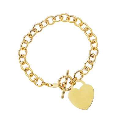 14 Karat Yellow Gold 7.50 Inch Shiny Round Chain Link Bracelet with Heart