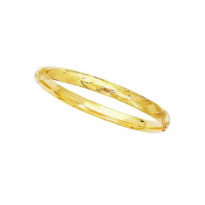 14 Karat Yellow Gold 6.0mm 8 Inch Shiny Textured Sparkle Bangle with Diamond Shape Pattern