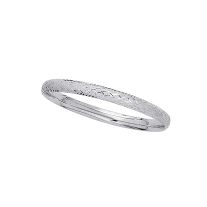 14 Karat White Gold 5.5mm 5.50 Inch Children's Shiny Diamond Cut Bangle with Diamond Pattern
