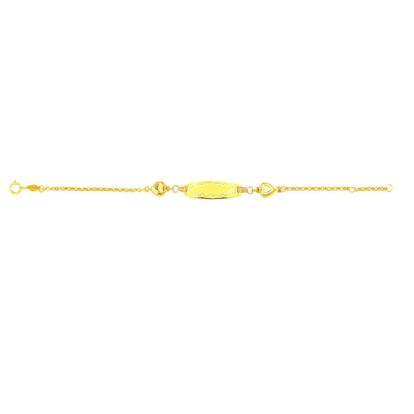 14 Karat Yellow Gold 6 Inch Children's Shiny Round Cable Link ID Bracelet With 2 Puffed Hearts
