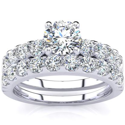 2 Carat Total Round Natural Diamond Engagement Ring and Wedding Band Set in 14K White Gold. Sizzling, Bright White Diamonds!