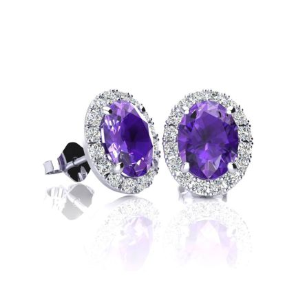 1 Carat Oval Shape Amethyst and Halo Diamond Stud Earrings In 14 Karat White Gold