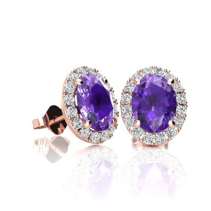 1 Carat Oval Shape Amethyst and Halo Diamond Stud Earrings In 14 Karat Rose Gold