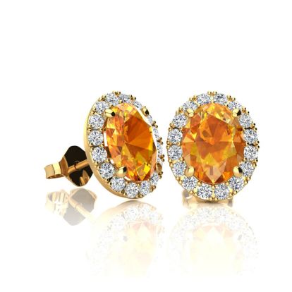 1 Carat Oval Shape Citrine and Halo Diamond Stud Earrings In 14 Karat Yellow Gold