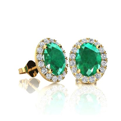 1 Carat Oval Shape Emerald and Halo Diamond Stud Earrings In 14 Karat Yellow Gold
