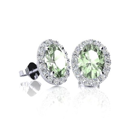 1 Carat Oval Shape Green Amethyst and Halo Diamond Stud Earrings In 14 Karat White Gold