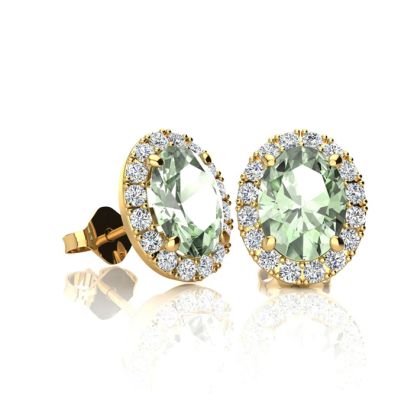 1 Carat Oval Shape Green Amethyst and Halo Diamond Stud Earrings In 14 Karat Yellow Gold