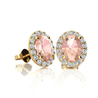 1 Carat Oval Shape Morganite Earrings and Diamond Halo In 14 Karat Yellow Gold