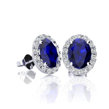 1 1/3 Carat Oval Shape Sapphire and Halo Diamond Stud Earrings In 14 Karat White Gold