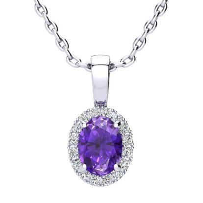 3/4 Carat Oval Shape Amethyst and Halo Diamond Necklace In 14 Karat White Gold With 18 Inch Chain