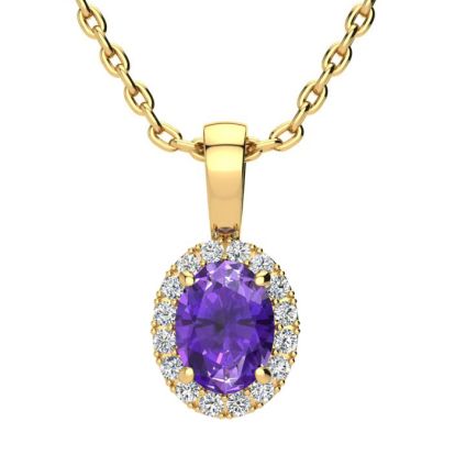 3/4 Carat Oval Shape Amethyst and Halo Diamond Necklace In 14 Karat Yellow Gold With 18 Inch Chain
