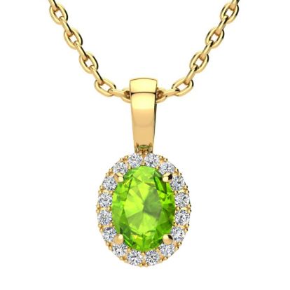 1 Carat Oval Shape Peridot and Halo Diamond Necklace In 14 Karat Yellow Gold With 18 Inch Chain