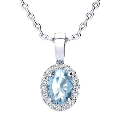 1 Carat Oval Shape Blue Topaz and Halo Diamond Necklace In 14 Karat White Gold With 18 Inch Chain
