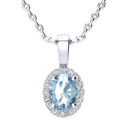 1 Carat Oval Shape Blue Topaz and Halo Diamond Necklace In 14 Karat White Gold With 18 Inch Chain