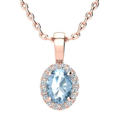 1 Carat Oval Shape Blue Topaz and Halo Diamond Necklace In 14 Karat Rose Gold With 18 Inch Chain