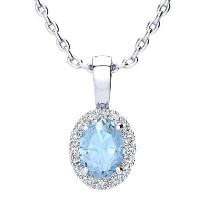 Aquamarine Necklace: Aquamarine Jewelry: 0.90 Carat Oval Shape Aquamarine and Halo Diamond Necklace In 14 Karat White Gold With 18 Inch Chain