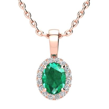 9/10 Carat Oval Shape Emerald Necklaces With Diamond Halo In 14 Karat Rose Gold, 18 Inch Chain