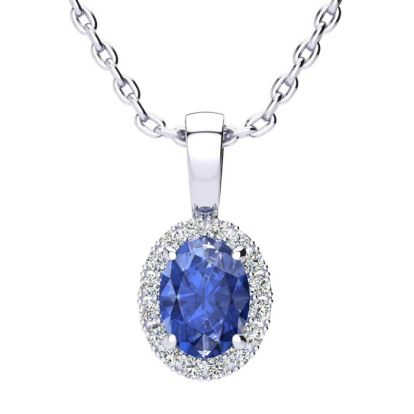 1 Carat Oval Shape Tanzanite and Halo Diamond Necklace In 14 Karat White Gold With 18 Inch Chain