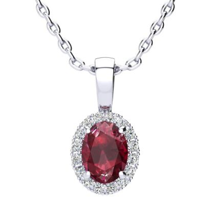 1 Carat Oval Shape Ruby and Halo Diamond Necklace In 14 Karat White Gold With 18 Inch Chain