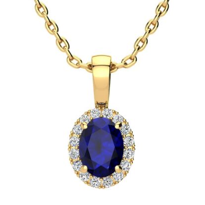 1 Carat Oval Shape Sapphire and Halo Diamond Necklace In 14 Karat Yellow Gold With 18 Inch Chain