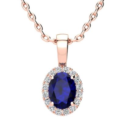 1 Carat Oval Shape Sapphire and Halo Diamond Necklace In 14 Karat Rose Gold With 18 Inch Chain