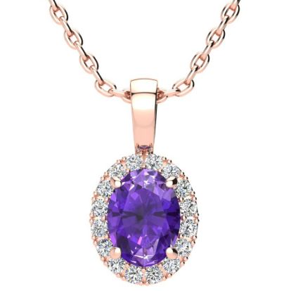 1 1/4 Carat Oval Shape Amethyst and Halo Diamond Necklace In 14 Karat Rose Gold With 18 Inch Chain
