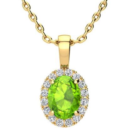 1 1/2 Carat Oval Shape Peridot and Halo Diamond Necklace In 14 Karat Yellow Gold With 18 Inch Chain
