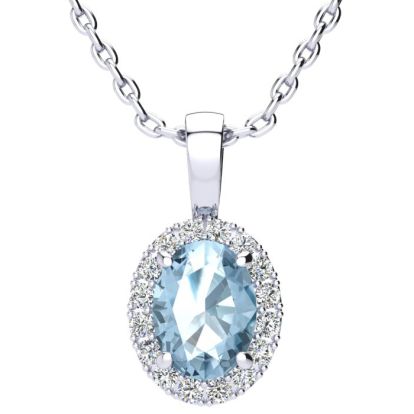 1 1/2 Carat Oval Shape Blue Topaz and Halo Diamond Necklace In 14 Karat White Gold With 18 Inch Chain