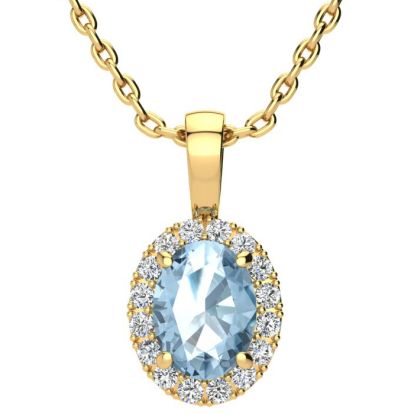 1 1/2 Carat Oval Shape Blue Topaz and Halo Diamond Necklace In 14 Karat Yellow Gold With 18 Inch Chain