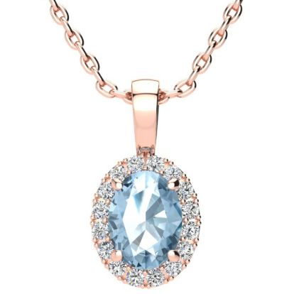 1 1/2 Carat Oval Shape Blue Topaz and Halo Diamond Necklace In 14 Karat Rose Gold With 18 Inch Chain