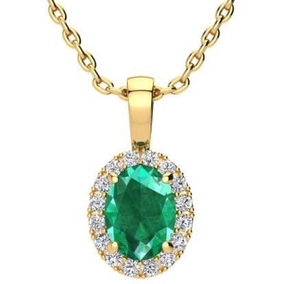1-1/3 Carat Oval Shape Emerald Necklaces With Diamond Halo In 14 Karat Yellow Gold, 18 Inch Chain