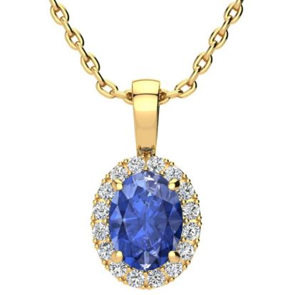 1 1/2 Carat Oval Shape Tanzanite and Halo Diamond Necklace In 14 Karat Yellow Gold With 18 Inch Chain