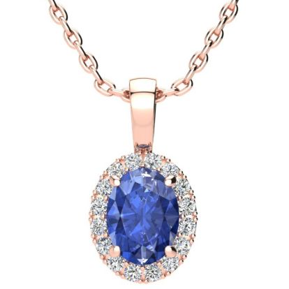 1 1/2 Carat Oval Shape Tanzanite and Halo Diamond Necklace In 14 Karat Rose Gold With 18 Inch Chain
