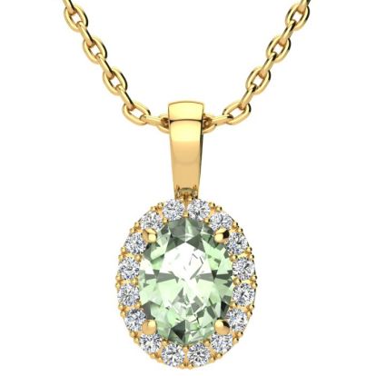 1 1/4 Carat Oval Shape Green Amethyst and Halo Diamond Necklace In 14 Karat Yellow Gold With 18 Inch Chain