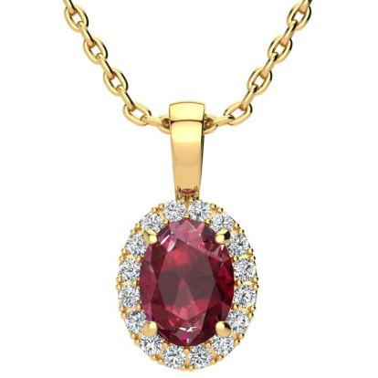 1 2/3 Carat Oval Shape Ruby and Halo Diamond Necklace In 14 Karat Yellow Gold With 18 Inch Chain