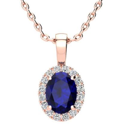 1 3/4 Carat Oval Shape Sapphire and Halo Diamond Necklace In 14 Karat Rose Gold With 18 Inch Chain