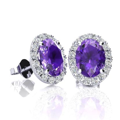 1 1/2 Carat Oval Shape Amethyst and Halo Diamond Stud Earrings In 14 Karat White Gold