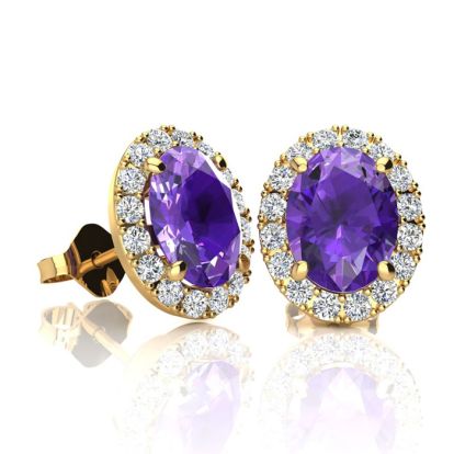 1 1/2 Carat Oval Shape Amethyst and Halo Diamond Stud Earrings In 14 Karat Yellow Gold