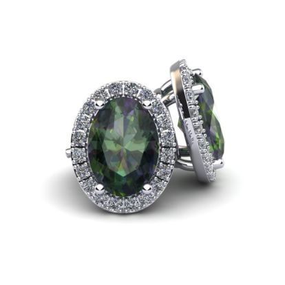 2 1/4 Carat Oval Shape Mystic Topaz and Halo Diamond Stud Earrings In 14 Karat White Gold