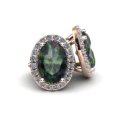 2 1/4 Carat Oval Shape Mystic Topaz and Halo Diamond Stud Earrings In 14 Karat Rose Gold