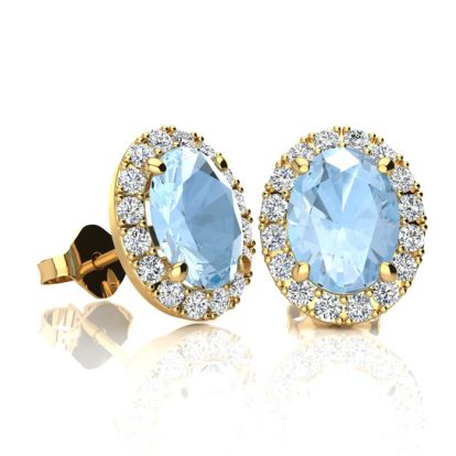 Aquamarine Earrings: Aquamarine Jewelry: 1 3/4 Carat Oval Shape Aquamarine and Halo Diamond Stud Earrings In 14 Karat Yellow Gold