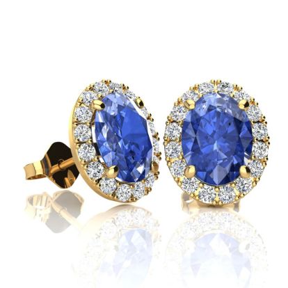 2 Carat Oval Shape Tanzanite and Halo Diamond Stud Earrings In 14 Karat Yellow Gold