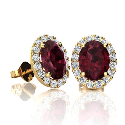 Garnet Earrings: Garnet Jewelry: 2 1/4 Carat Oval Shape Garnet and Halo Diamond Stud Earrings In 14 Karat Yellow Gold