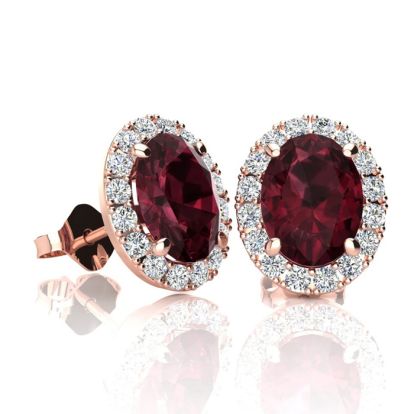 Garnet Earrings: Garnet Jewelry: 2 1/4 Carat Oval Shape Garnet and Halo Diamond Stud Earrings In 14 Karat Rose Gold