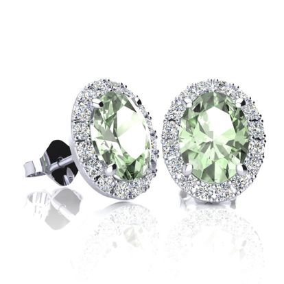 1 1/2 Carat Oval Shape Green Amethyst and Halo Diamond Stud Earrings In 14 Karat White Gold