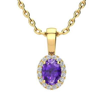1/2 Carat Oval Shape Amethyst and Halo Diamond Necklace In 14 Karat Yellow Gold With 18 Inch Chain